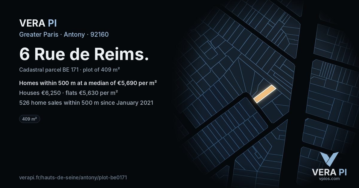 6 Rue de Reims, Antony at night – the plot lit, the parcels around coloured by the prices near them