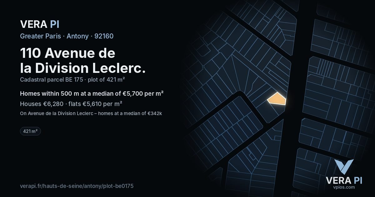 110 Avenue de la Division Leclerc, Antony at night – the plot lit, the parcels around coloured by the prices near them