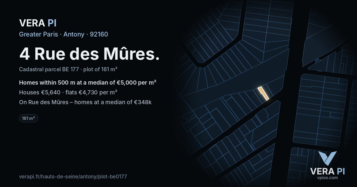 4 Rue des Mûres, Antony at night – the plot lit, the parcels around coloured by the prices near them