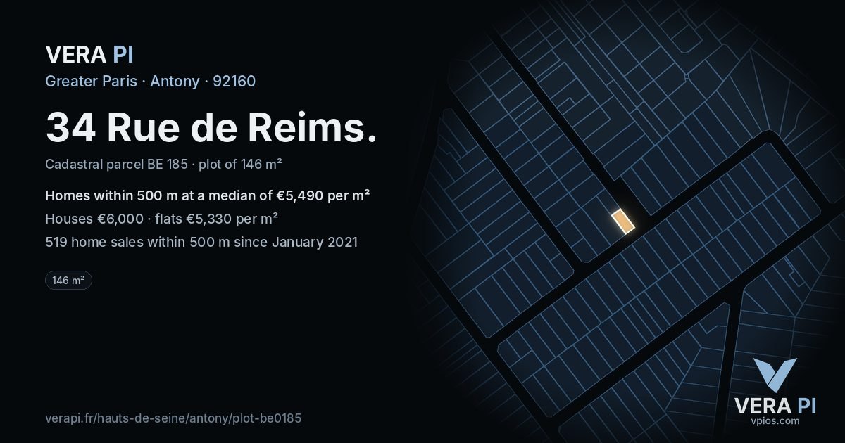 34 Rue de Reims, Antony at night – the plot lit, the parcels around coloured by the prices near them