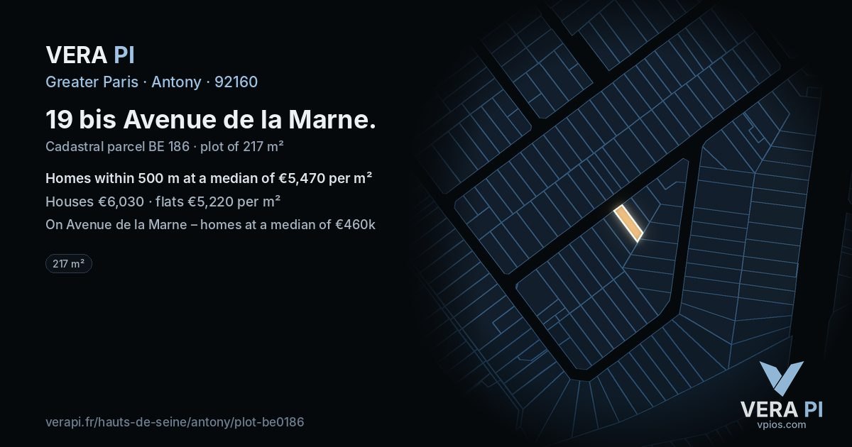 19 bis Avenue de la Marne, Antony at night – the plot lit, the parcels around coloured by the prices near them
