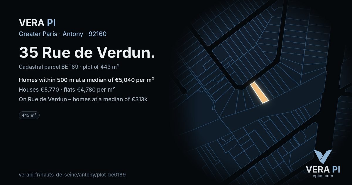 35 Rue de Verdun, Antony at night – the plot lit, the parcels around coloured by the prices near them