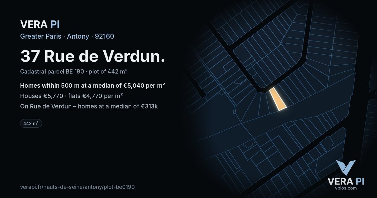 37 Rue de Verdun, Antony at night – the plot lit, the parcels around coloured by the prices near them