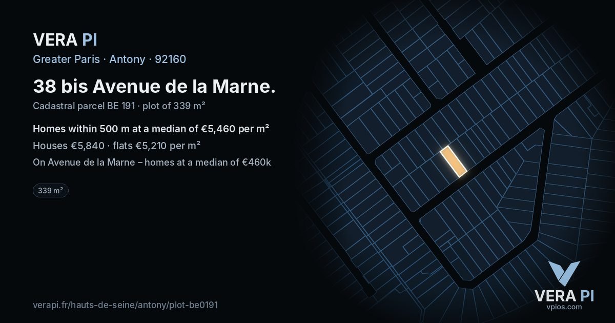 38 bis Avenue de la Marne, Antony at night – the plot lit, the parcels around coloured by the prices near them