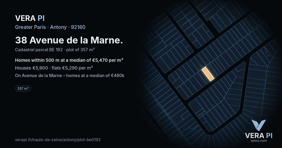 38 Avenue de la Marne, Antony at night – the plot lit, the parcels around coloured by the prices near them