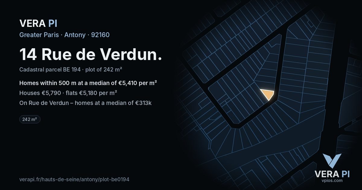 14 Rue de Verdun, Antony at night – the plot lit, the parcels around coloured by the prices near them