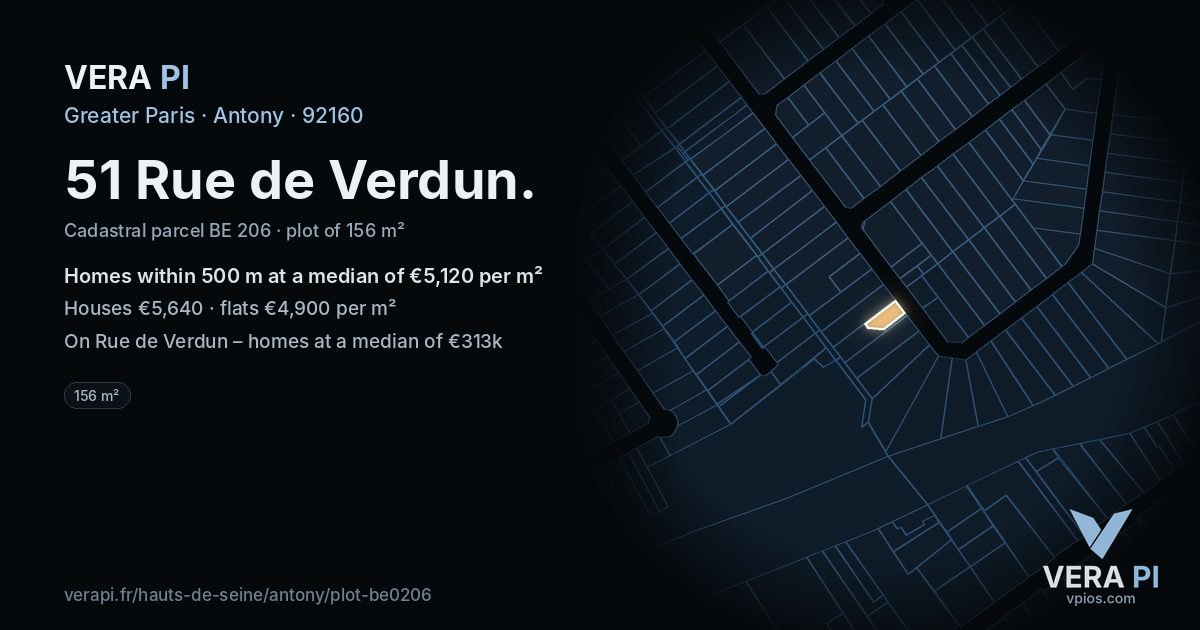 51 Rue de Verdun, Antony at night – the plot lit, the parcels around coloured by the prices near them