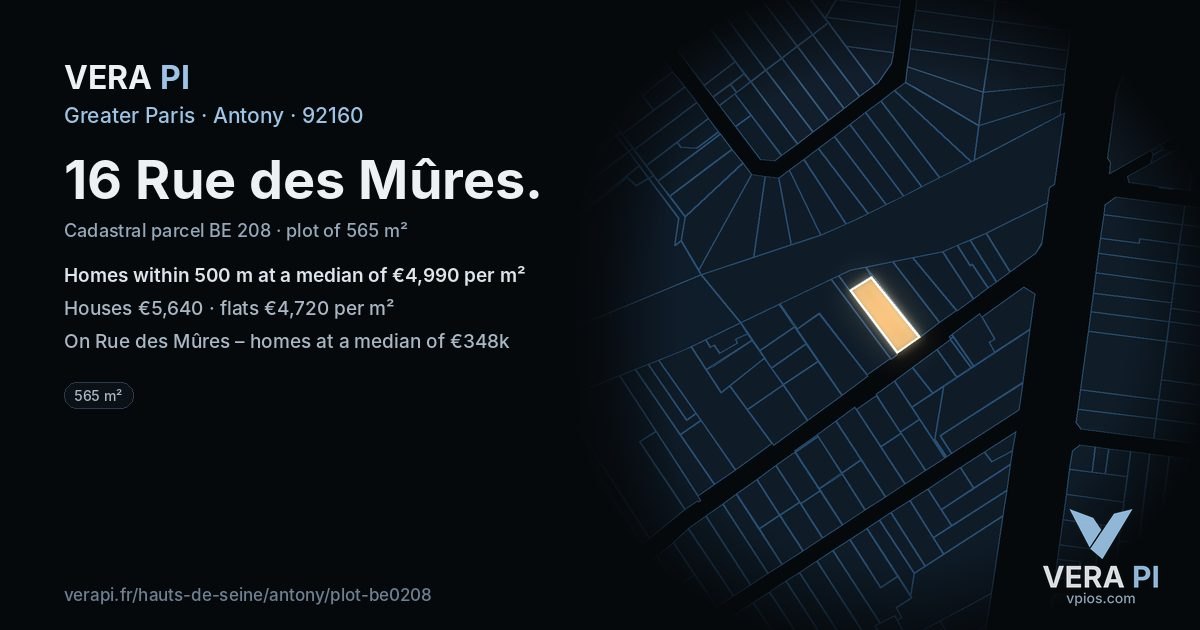 16 Rue des Mûres, Antony at night – the plot lit, the parcels around coloured by the prices near them