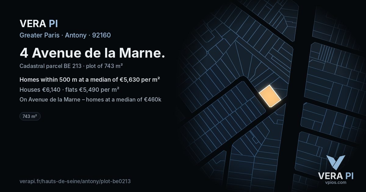 4 Avenue de la Marne, Antony at night – the plot lit, the parcels around coloured by the prices near them