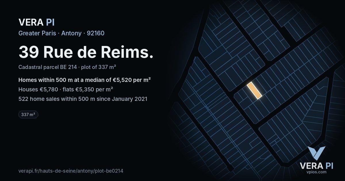 39 Rue de Reims, Antony at night – the plot lit, the parcels around coloured by the prices near them