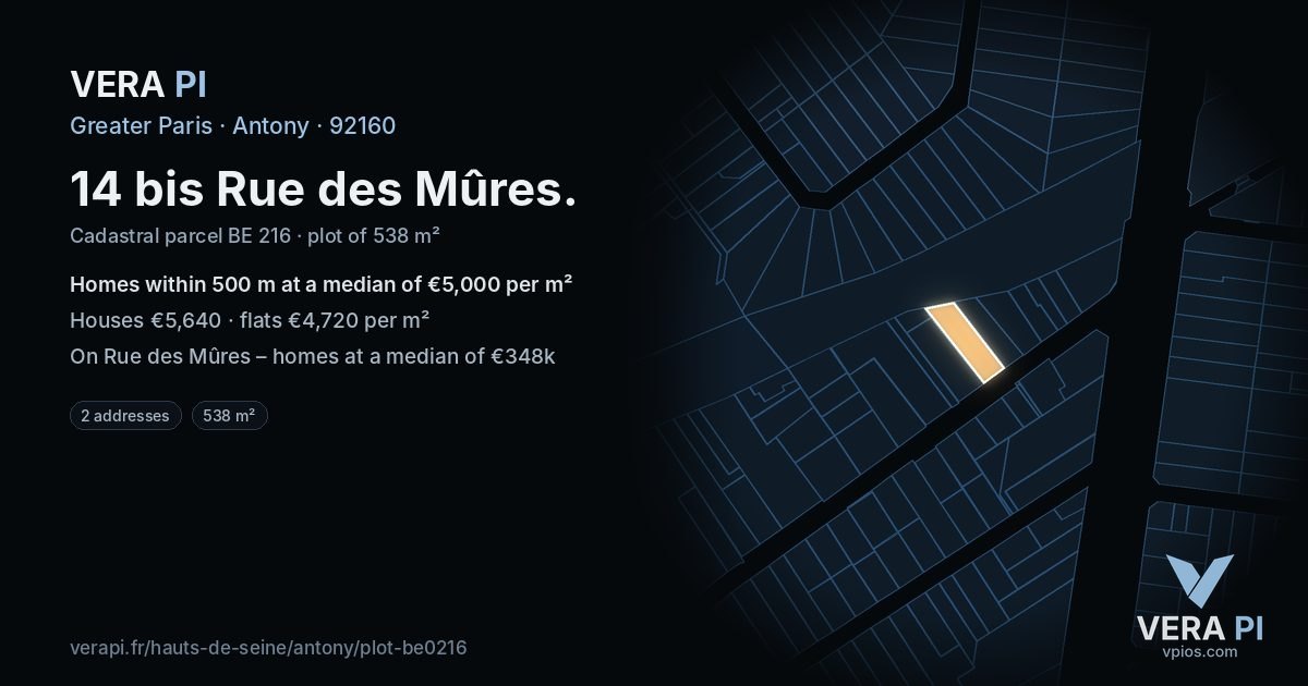 14 bis Rue des Mûres, Antony at night – the plot lit, the parcels around coloured by the prices near them