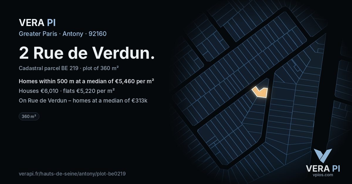 2 Rue de Verdun, Antony at night – the plot lit, the parcels around coloured by the prices near them