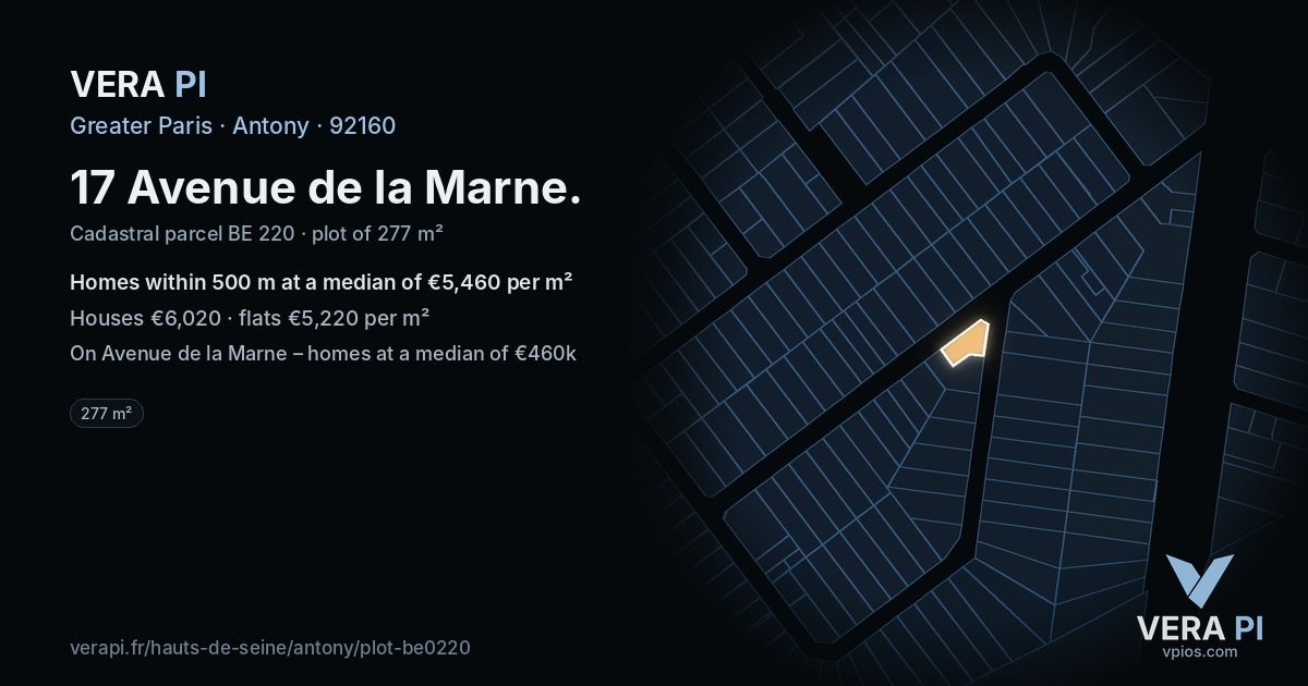 17 Avenue de la Marne, Antony at night – the plot lit, the parcels around coloured by the prices near them