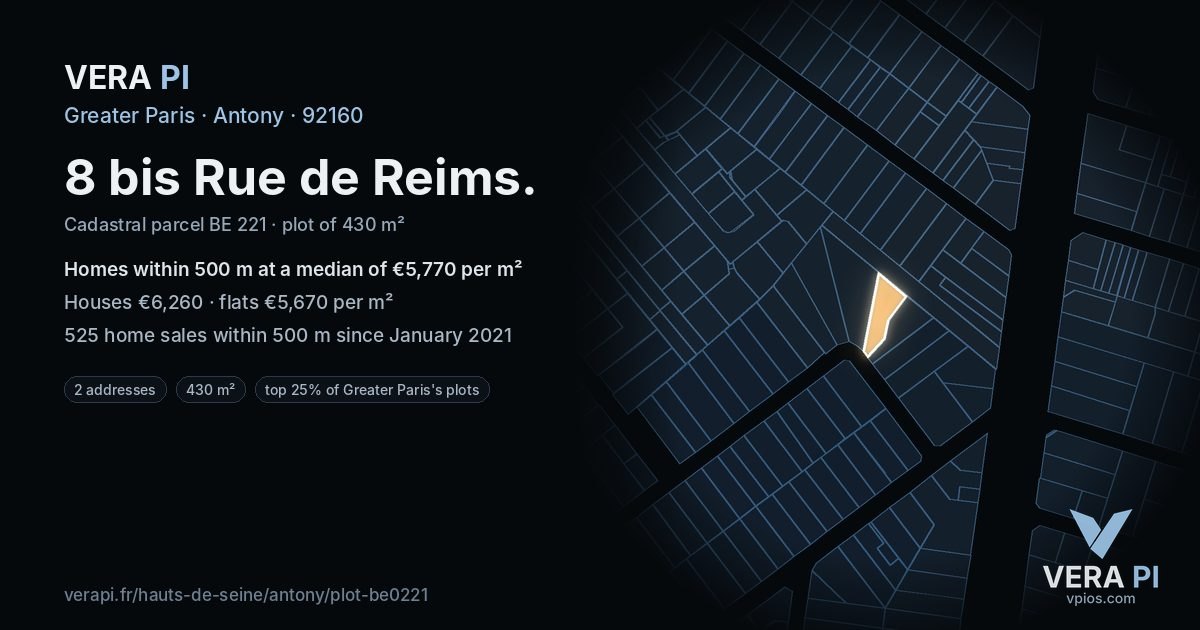 8 bis Rue de Reims, Antony at night – the plot lit, the parcels around coloured by the prices near them