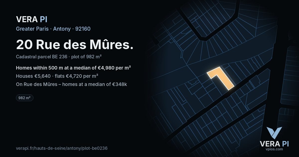 20 Rue des Mûres, Antony at night – the plot lit, the parcels around coloured by the prices near them