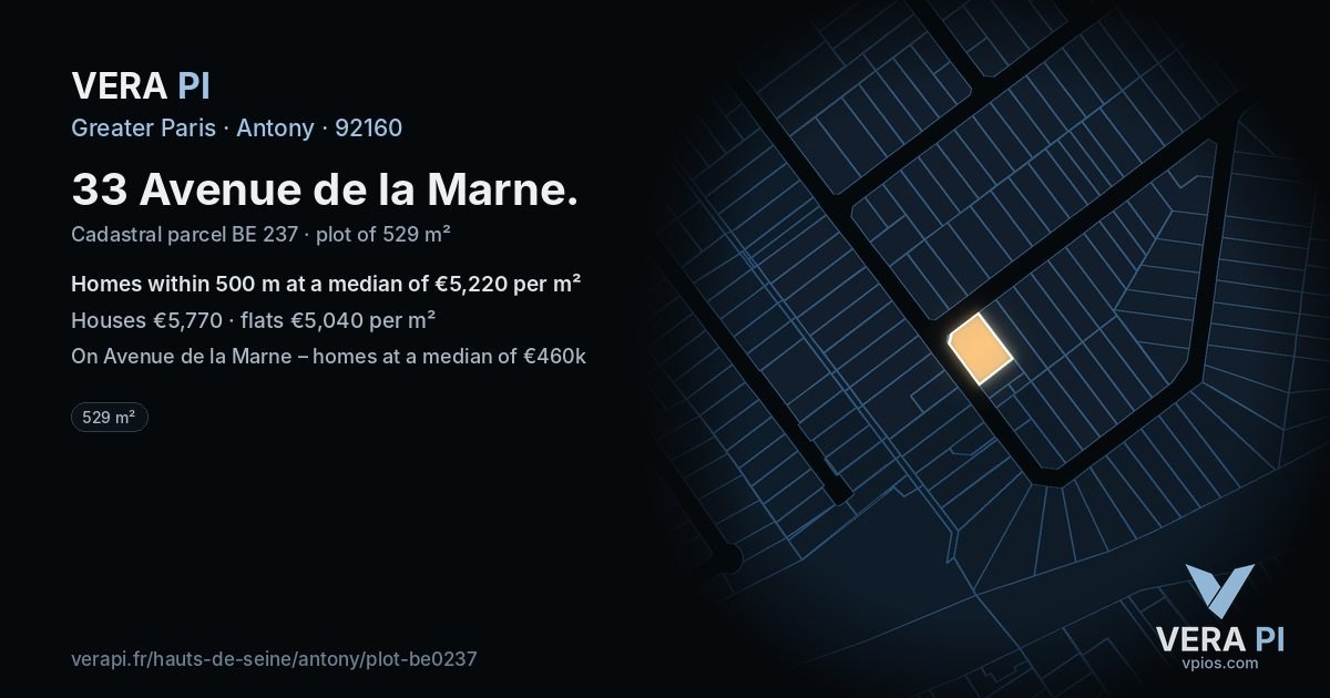 33 Avenue de la Marne, Antony at night – the plot lit, the parcels around coloured by the prices near them