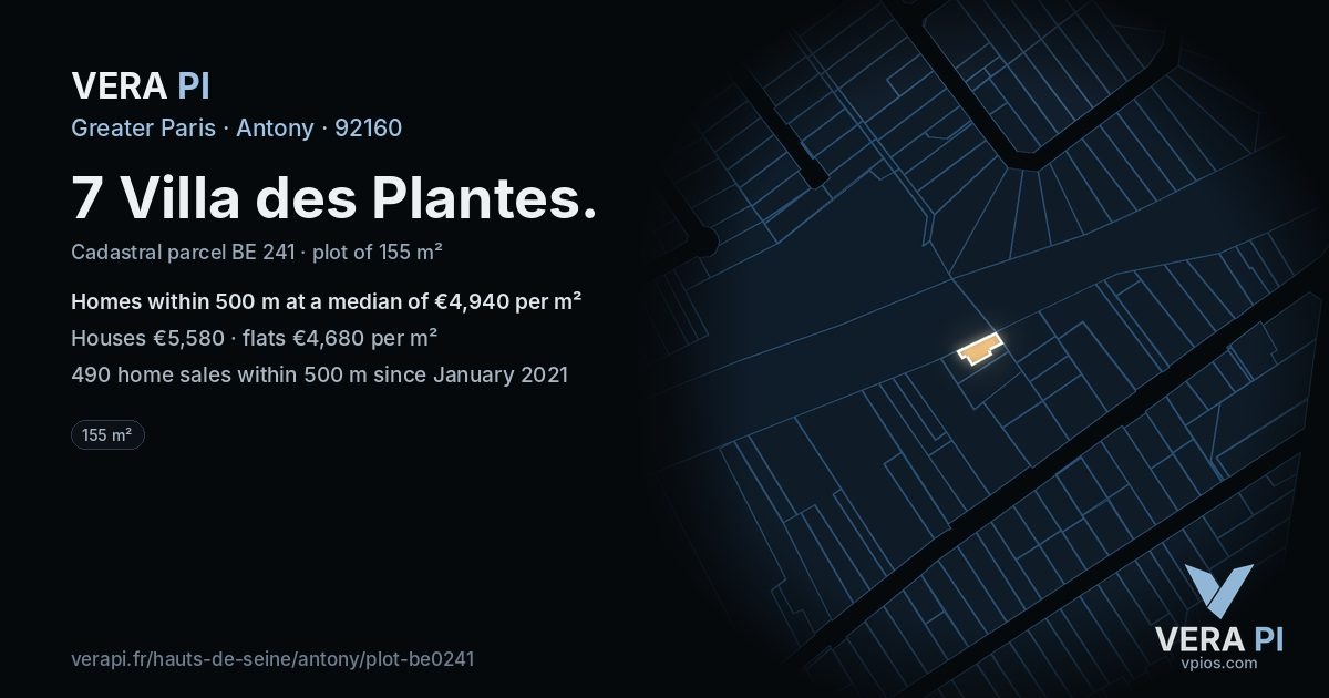 7 Villa des Plantes, Antony at night – the plot lit, the parcels around coloured by the prices near them