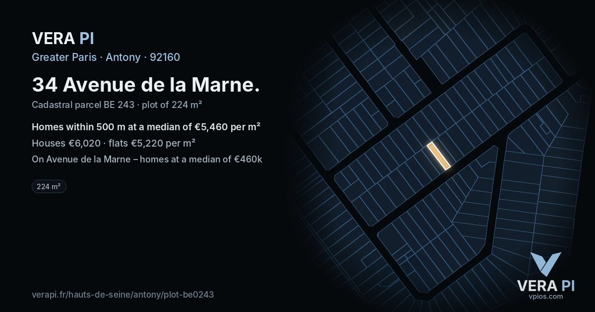 34 Avenue de la Marne, Antony at night – the plot lit, the parcels around coloured by the prices near them