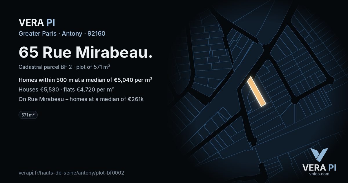 65 Rue Mirabeau, Antony at night – the plot lit, the parcels around coloured by the prices near them