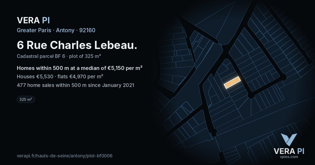 6 Rue Charles Lebeau, Antony at night – the plot lit, the parcels around coloured by the prices near them