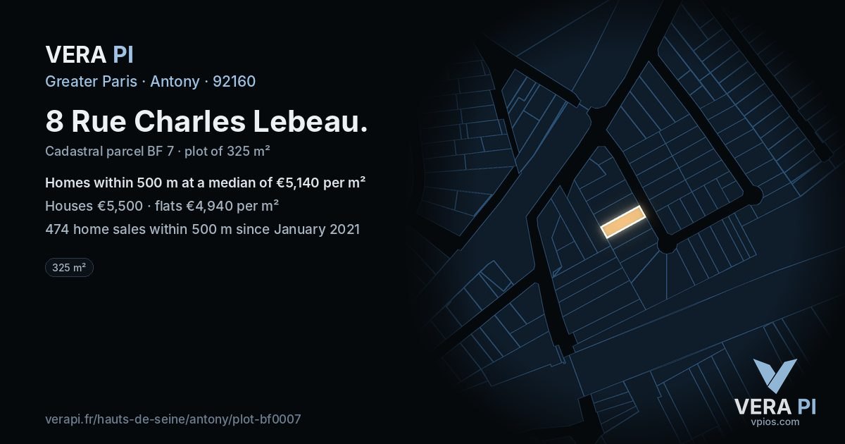 8 Rue Charles Lebeau, Antony at night – the plot lit, the parcels around coloured by the prices near them