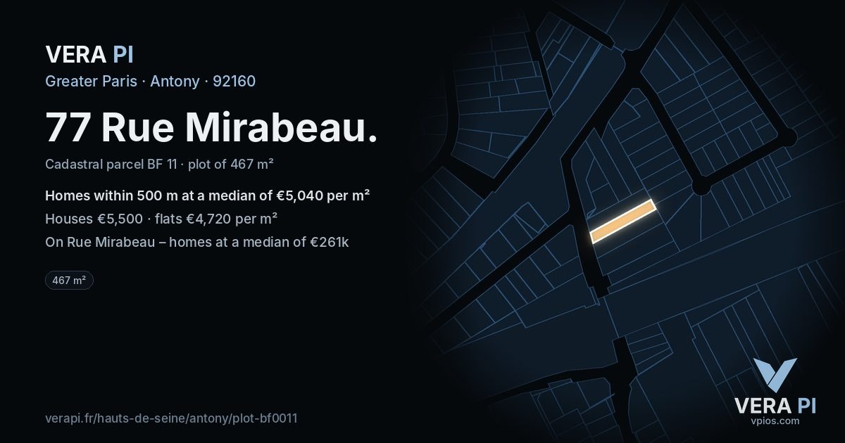 77 Rue Mirabeau, Antony at night – the plot lit, the parcels around coloured by the prices near them