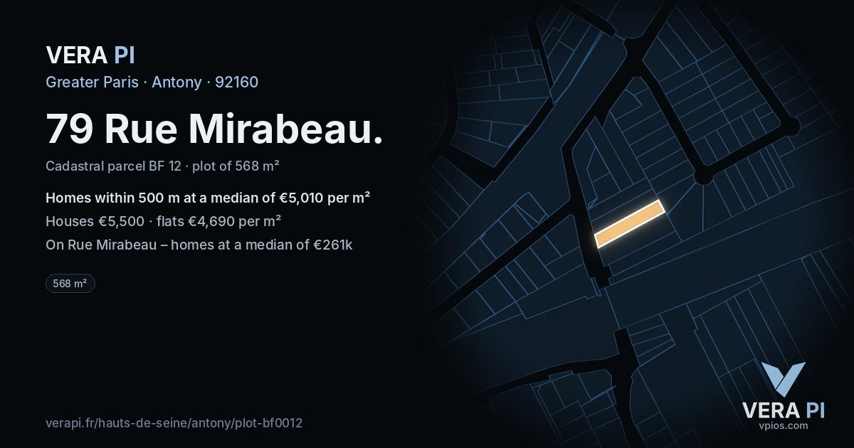 79 Rue Mirabeau, Antony at night – the plot lit, the parcels around coloured by the prices near them
