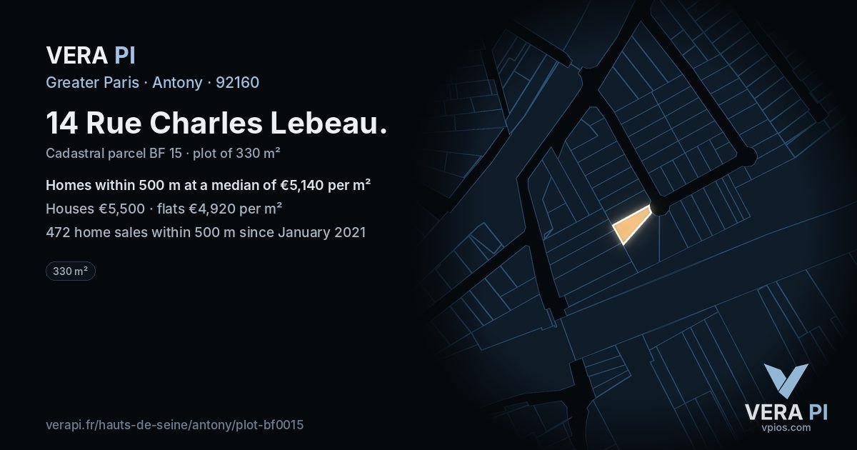 14 Rue Charles Lebeau, Antony at night – the plot lit, the parcels around coloured by the prices near them