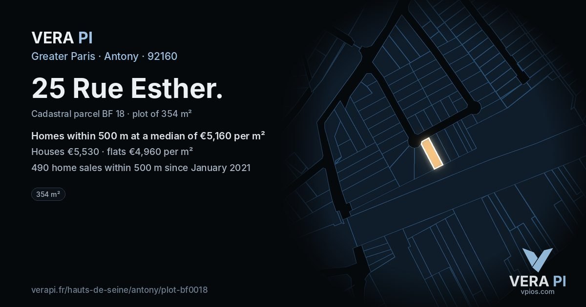 25 Rue Esther, Antony at night – the plot lit, the parcels around coloured by the prices near them