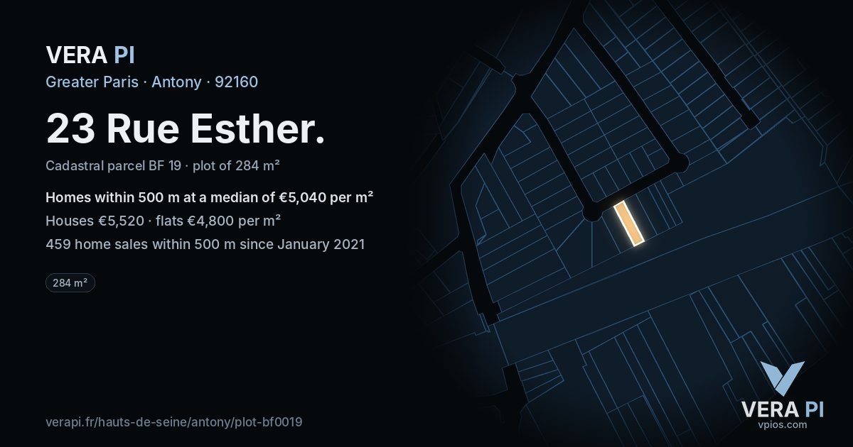 23 Rue Esther, Antony at night – the plot lit, the parcels around coloured by the prices near them