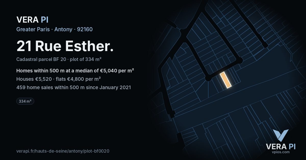 21 Rue Esther, Antony at night – the plot lit, the parcels around coloured by the prices near them