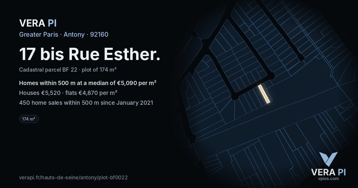 17 bis Rue Esther, Antony at night – the plot lit, the parcels around coloured by the prices near them