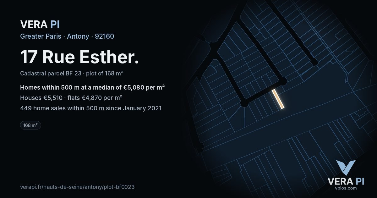 17 Rue Esther, Antony at night – the plot lit, the parcels around coloured by the prices near them