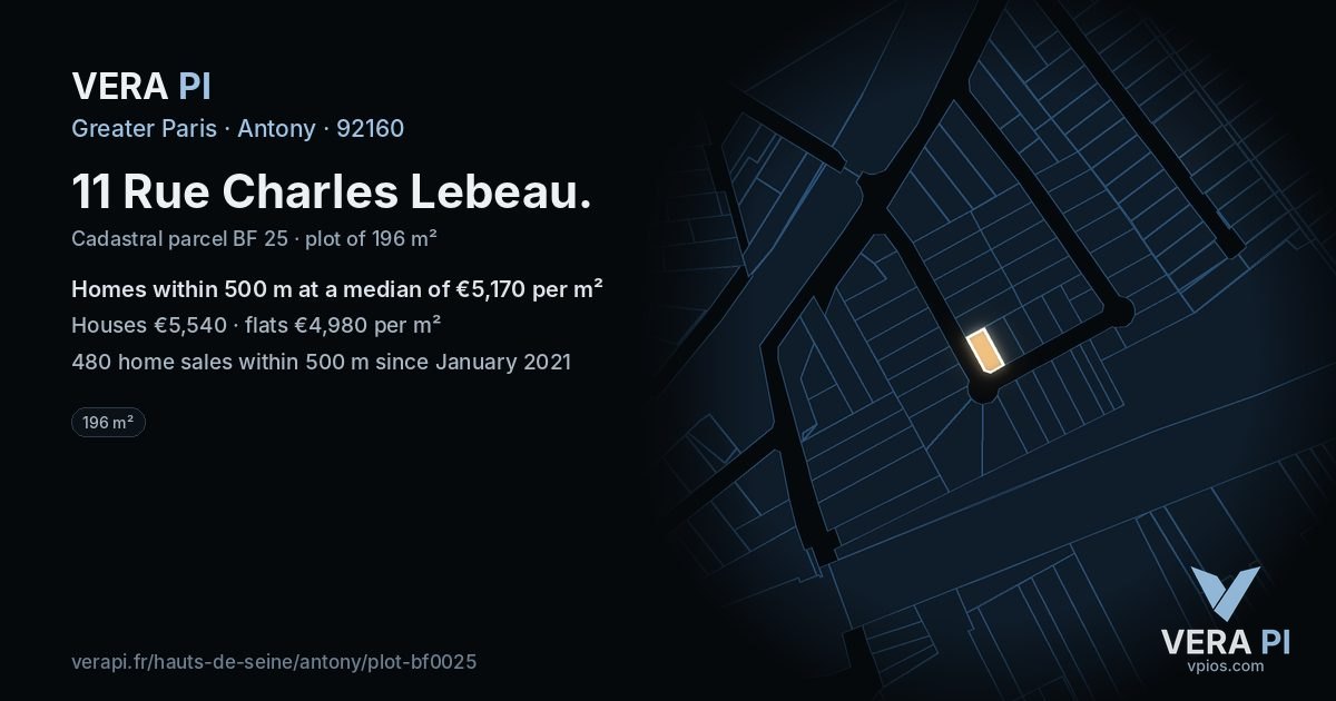 11 Rue Charles Lebeau, Antony at night – the plot lit, the parcels around coloured by the prices near them