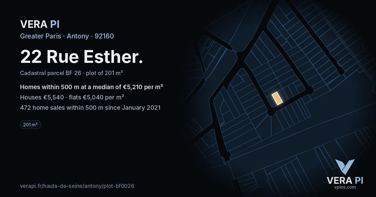22 Rue Esther, Antony at night – the plot lit, the parcels around coloured by the prices near them