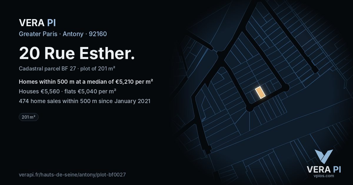 20 Rue Esther, Antony at night – the plot lit, the parcels around coloured by the prices near them