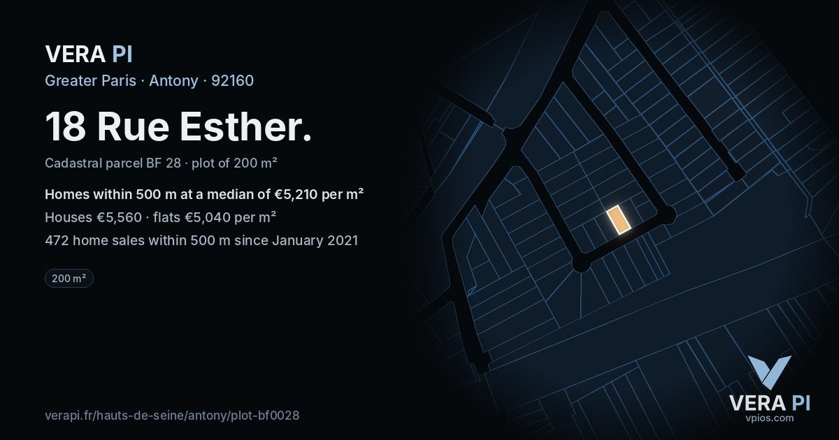 18 Rue Esther, Antony at night – the plot lit, the parcels around coloured by the prices near them