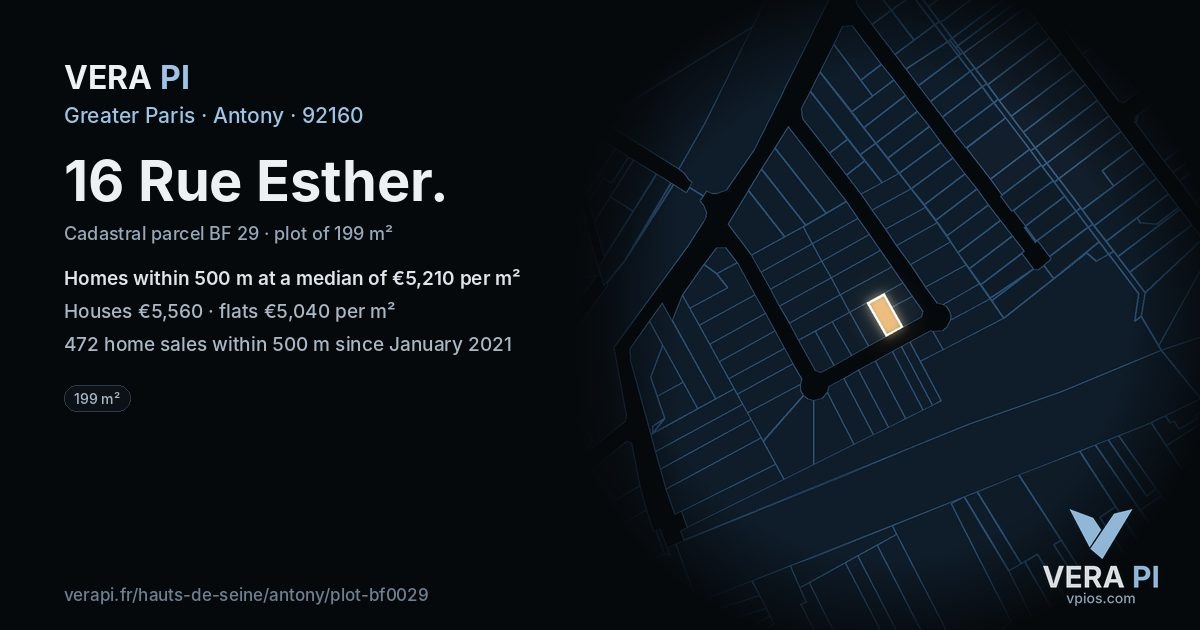16 Rue Esther, Antony at night – the plot lit, the parcels around coloured by the prices near them
