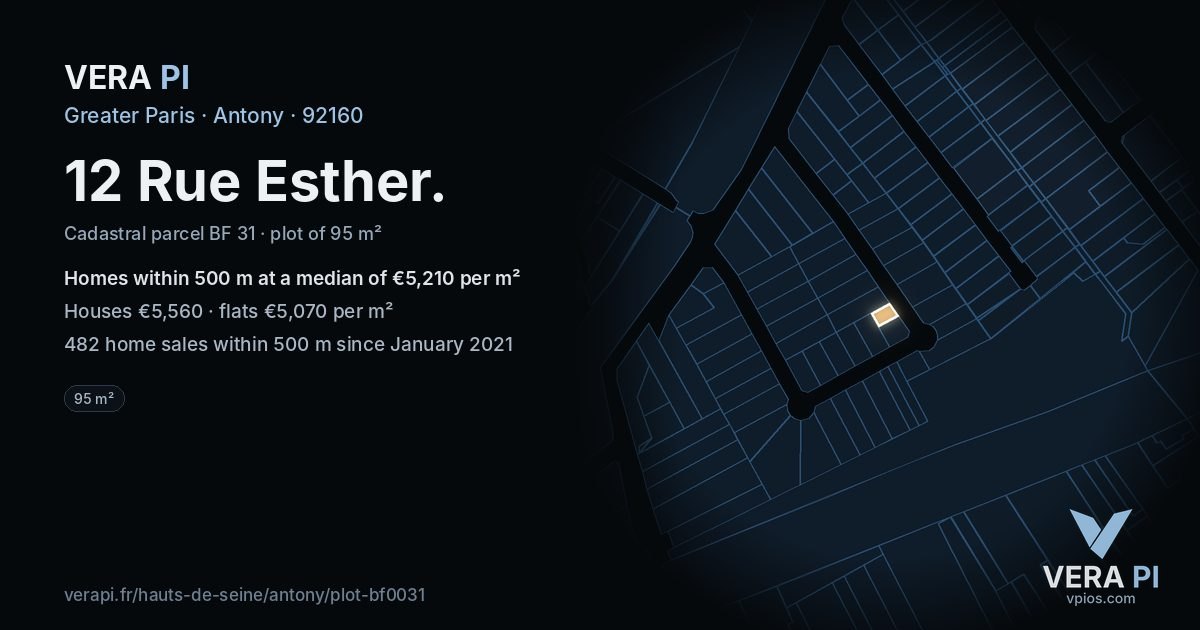 12 Rue Esther, Antony at night – the plot lit, the parcels around coloured by the prices near them