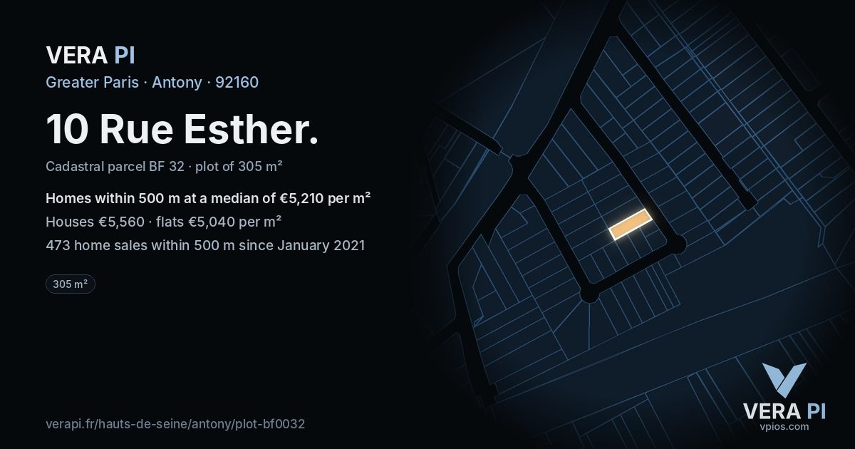 10 Rue Esther, Antony at night – the plot lit, the parcels around coloured by the prices near them