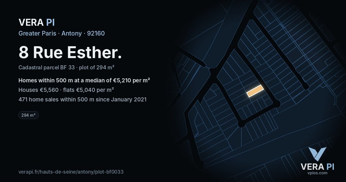 8 Rue Esther, Antony at night – the plot lit, the parcels around coloured by the prices near them