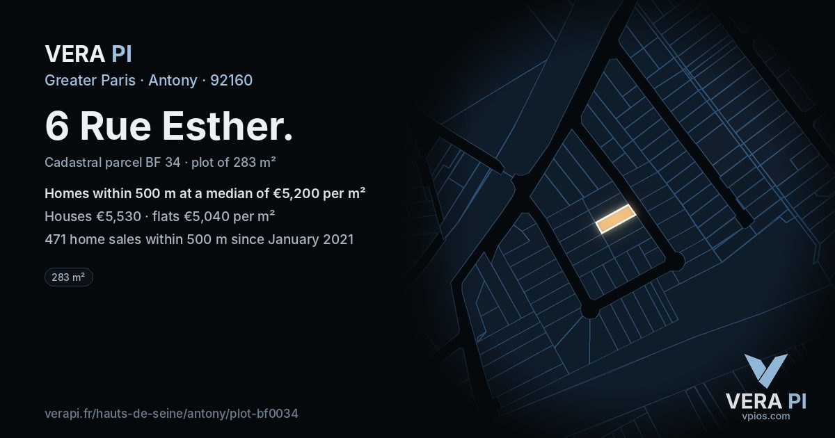 6 Rue Esther, Antony at night – the plot lit, the parcels around coloured by the prices near them