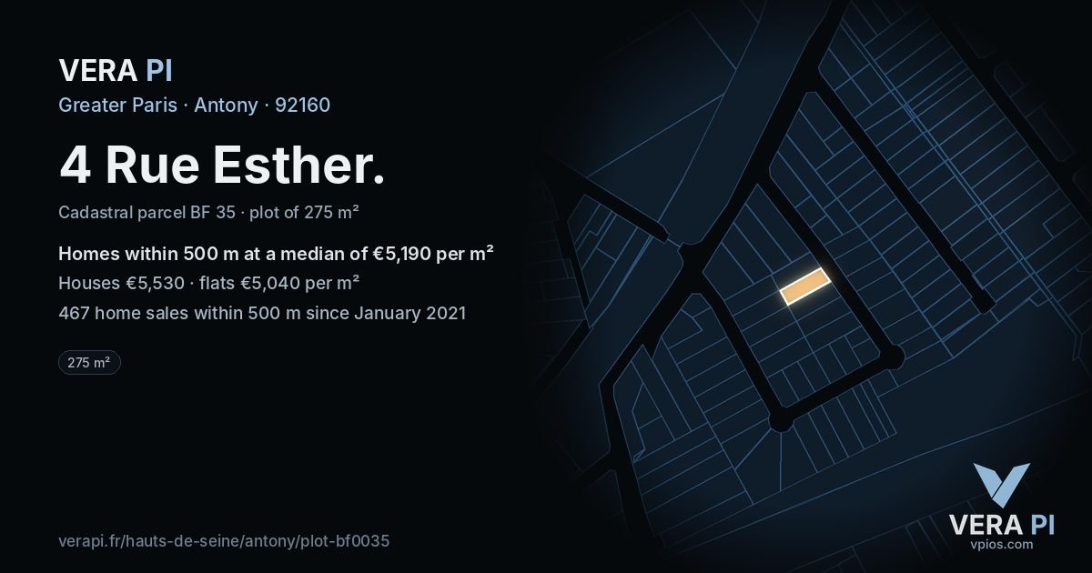 4 Rue Esther, Antony at night – the plot lit, the parcels around coloured by the prices near them