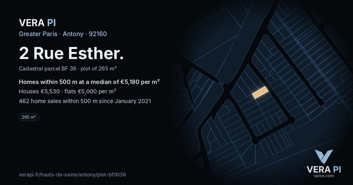 2 Rue Esther, Antony at night – the plot lit, the parcels around coloured by the prices near them