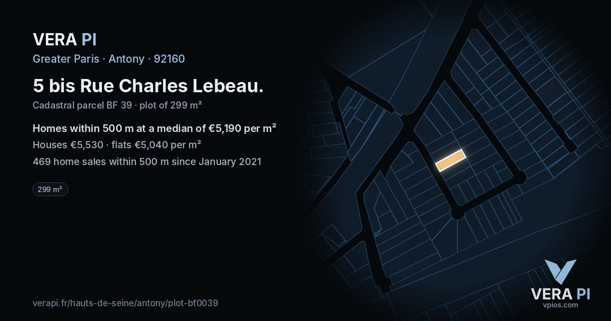 5 bis Rue Charles Lebeau, Antony at night – the plot lit, the parcels around coloured by the prices near them
