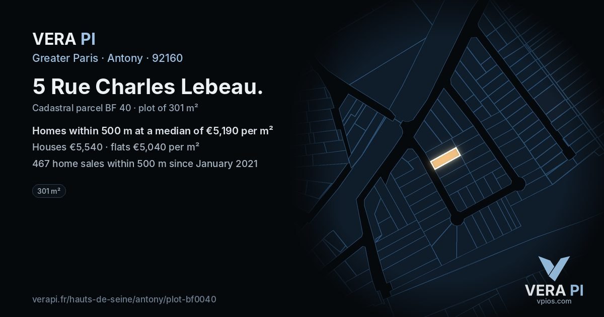 5 Rue Charles Lebeau, Antony at night – the plot lit, the parcels around coloured by the prices near them