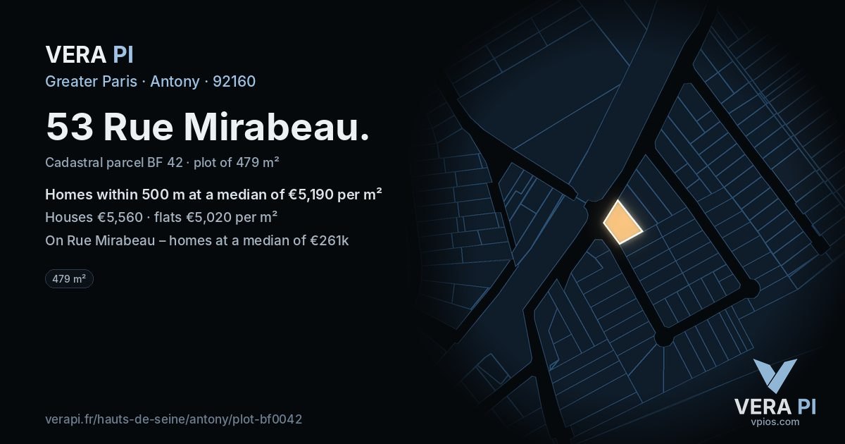 53 Rue Mirabeau, Antony at night – the plot lit, the parcels around coloured by the prices near them