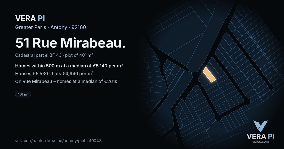 51 Rue Mirabeau, Antony at night – the plot lit, the parcels around coloured by the prices near them