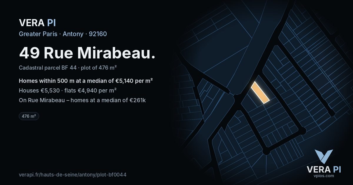 49 Rue Mirabeau, Antony at night – the plot lit, the parcels around coloured by the prices near them