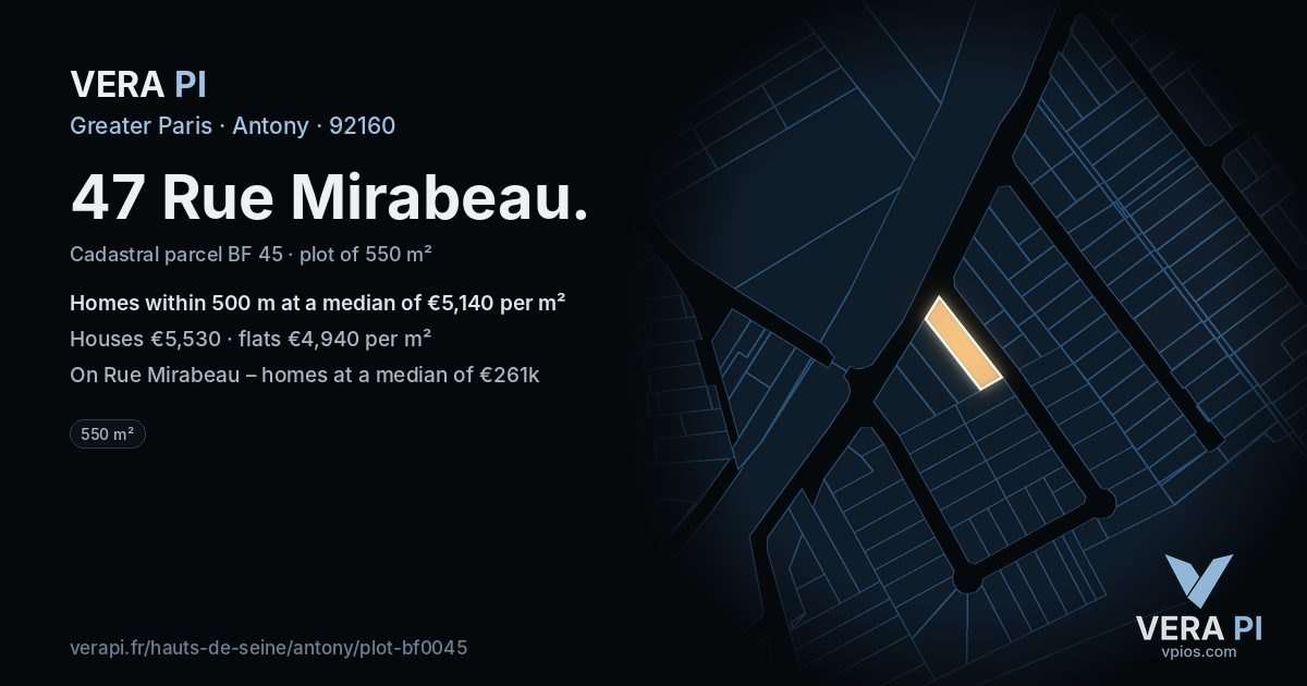 47 Rue Mirabeau, Antony at night – the plot lit, the parcels around coloured by the prices near them